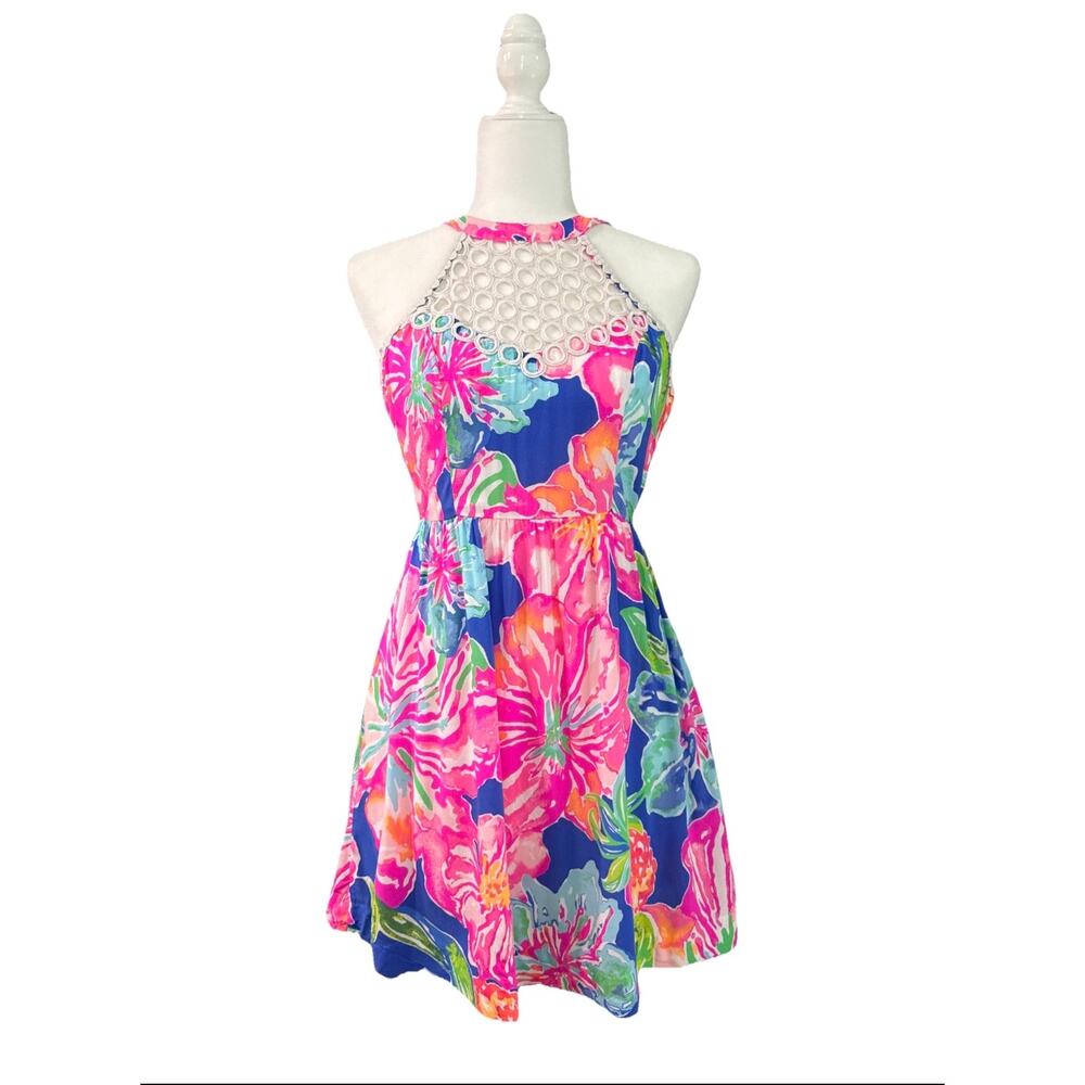 Lilly Pulitzer Fit & Flare Kinley Mini Dress Womens 0 Blue Pink Jungle Utopia